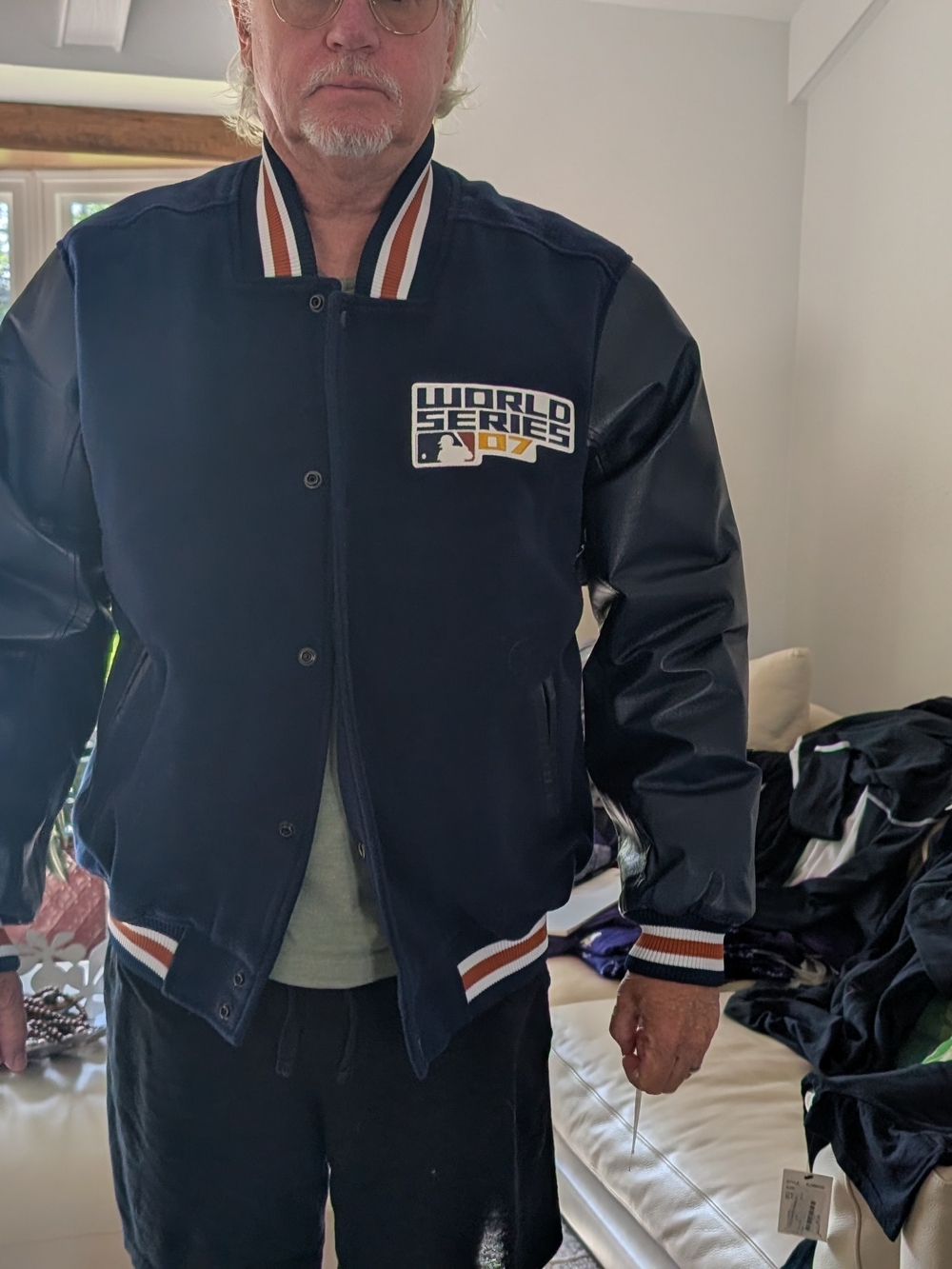 Majestic Navy Bomber Jacket with Black Leather-Look Sleeves and Striped Trim